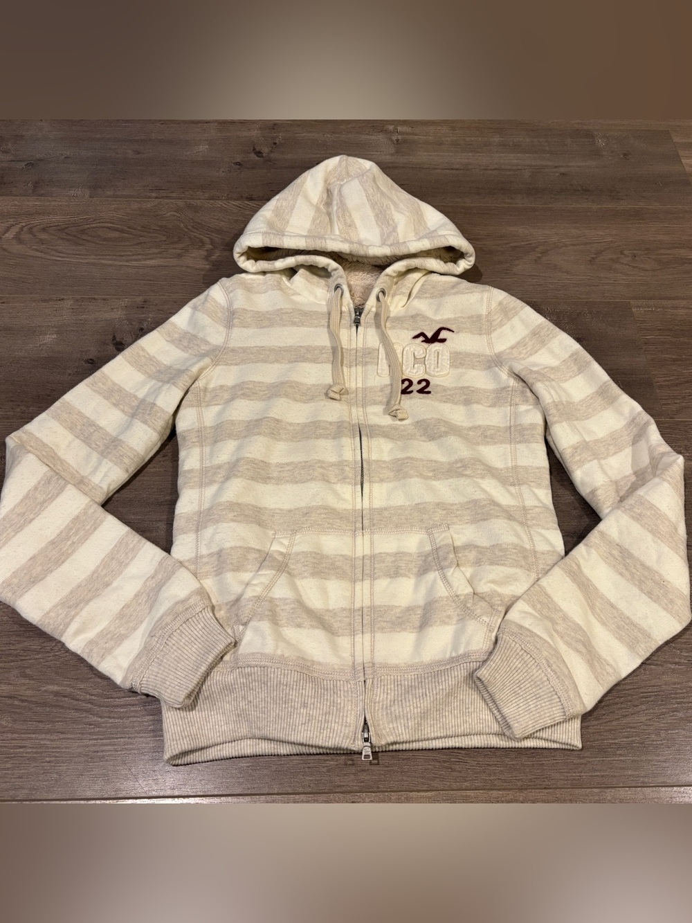 Hollister Cream & Beige Striped Sherpa-Lined Double Zip Betty Hoodie